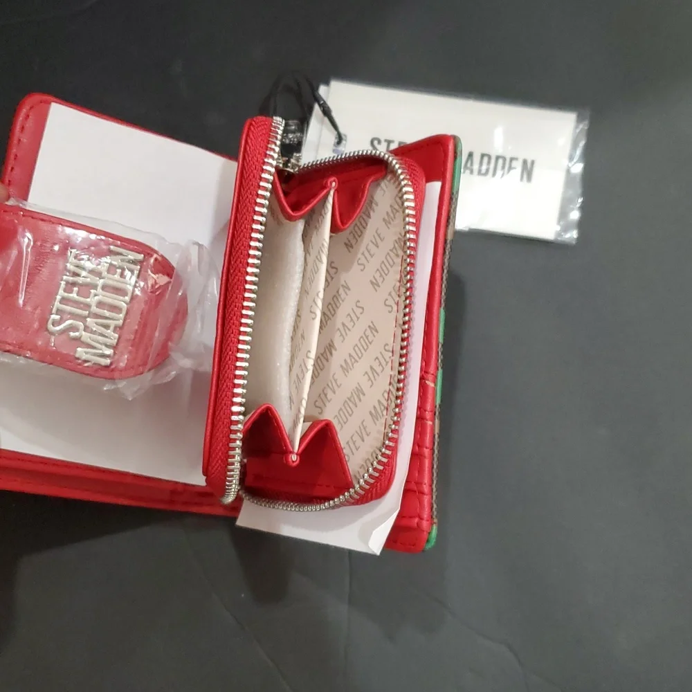 Steve Madden brown plaid checkered look and cherry print bglory red snap wallet - Picture 5 of 12